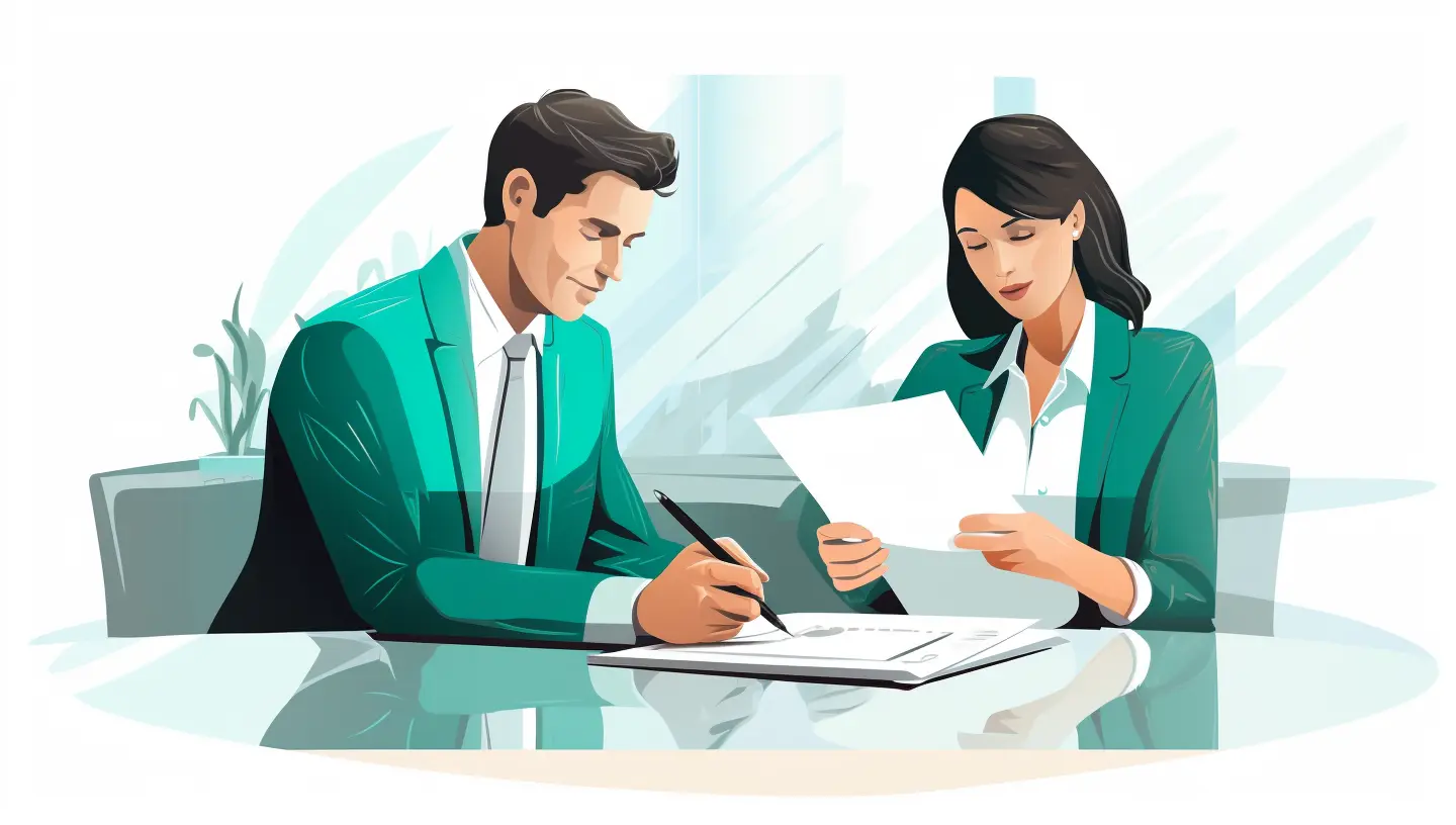 Two business professionals reviewing and discussing a contract together at a table