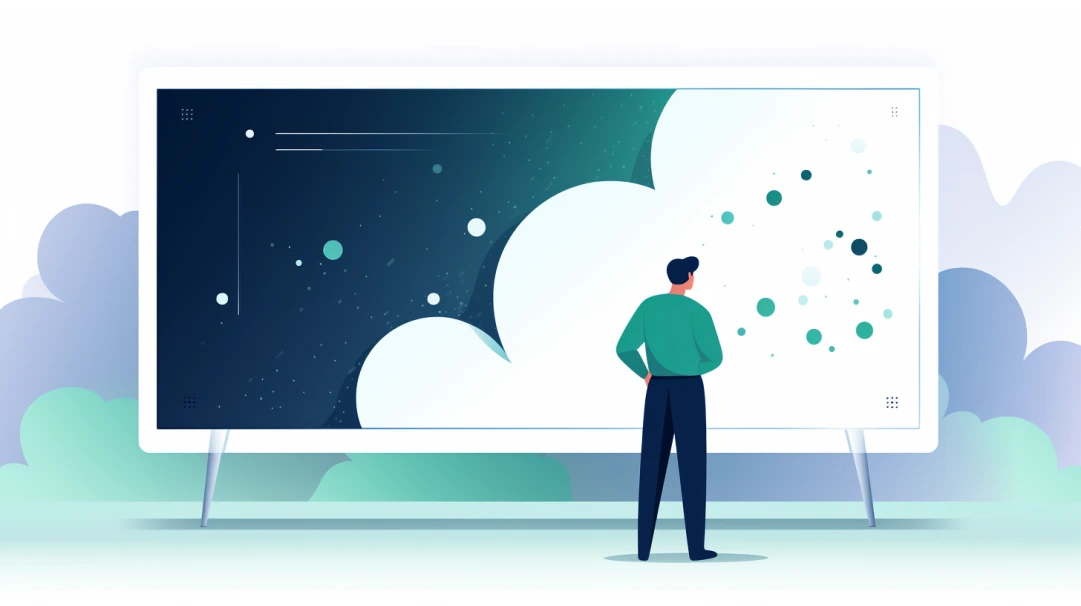 eine Person steht vor eine übergroßen Präsentation mit Wolken, im Hintergrund Wolken