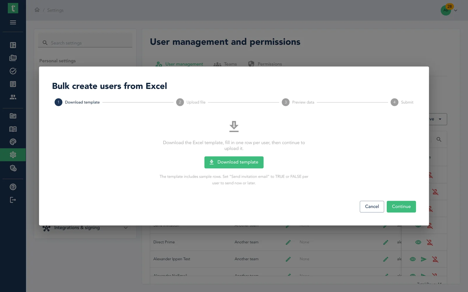 Bulk create users from Excel wizard