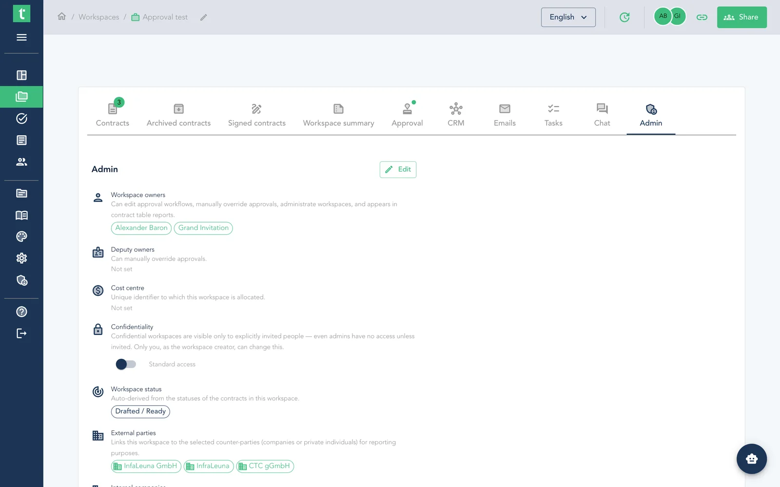 Confidentiality control on the dealroom Admin tab