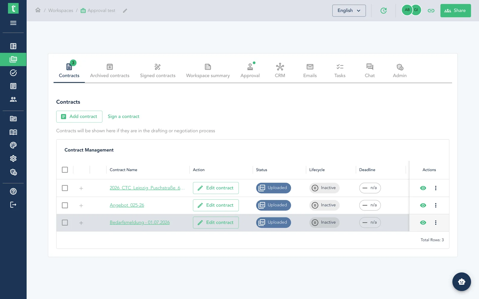Stage, lifecycle and deadline status badges on contracts