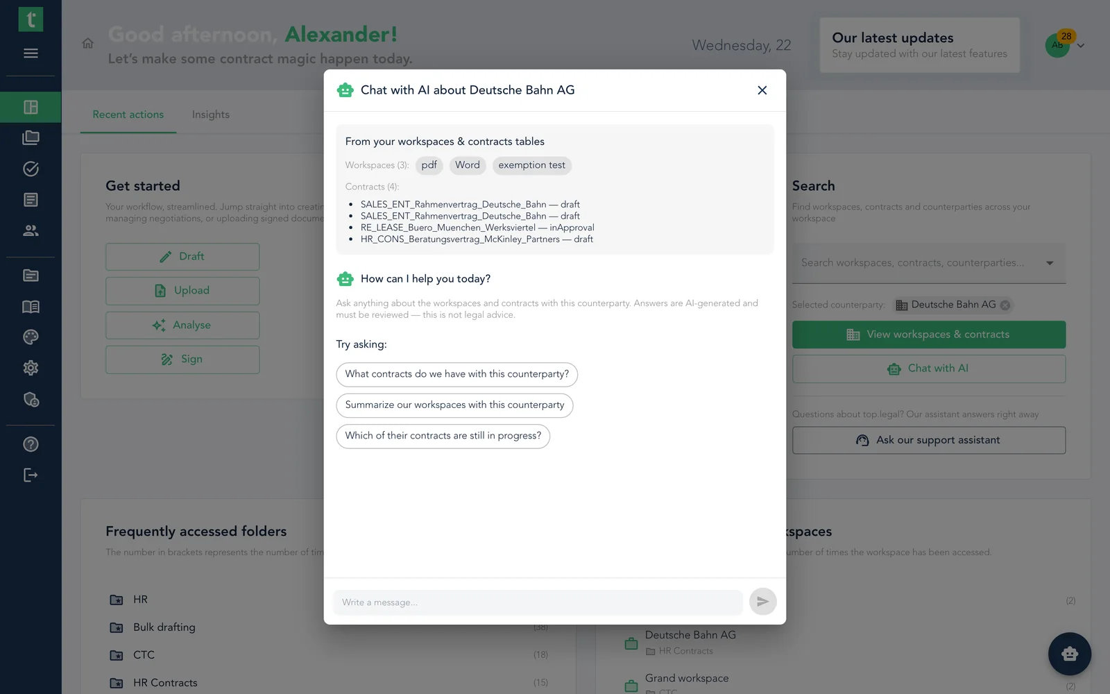 Chat with AI about a counterparty, grounded in your records