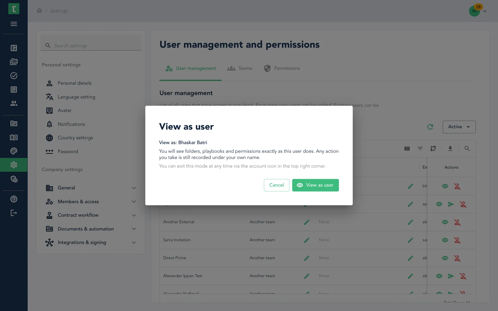 View as user confirmation in user management