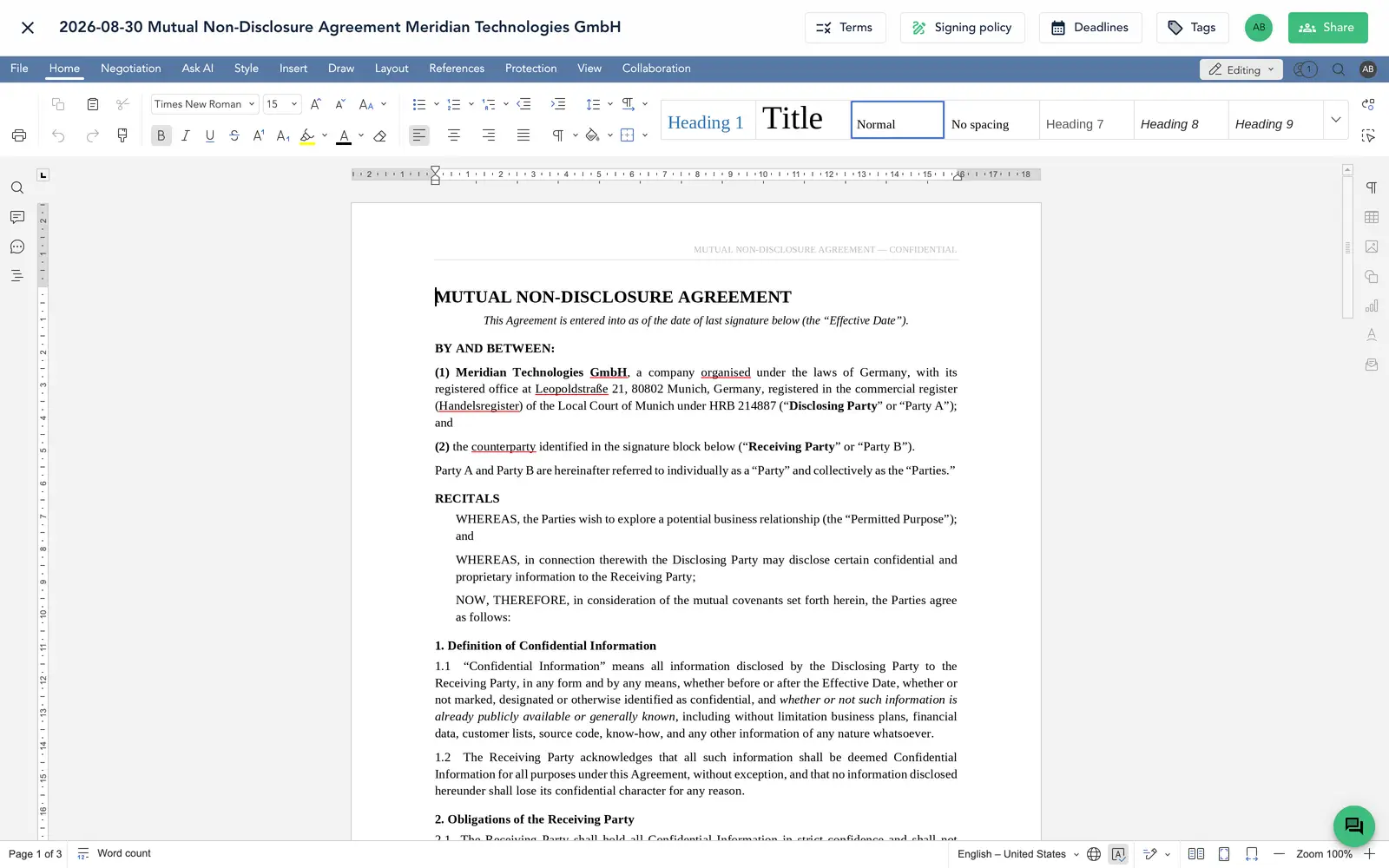 Ein Word-Dokument im vollwertigen Dokumenteneditor von top.legal