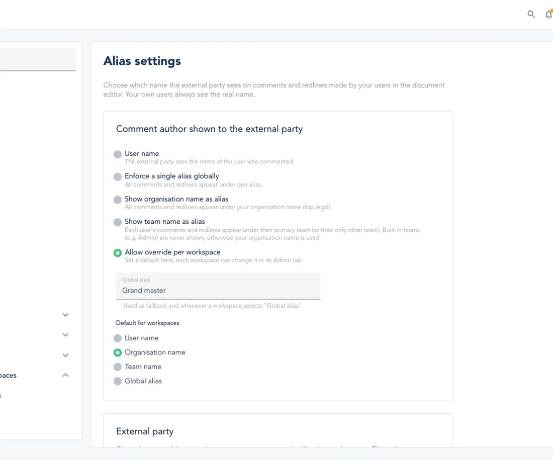 Alias settings choosing between own name, a global alias and the team name