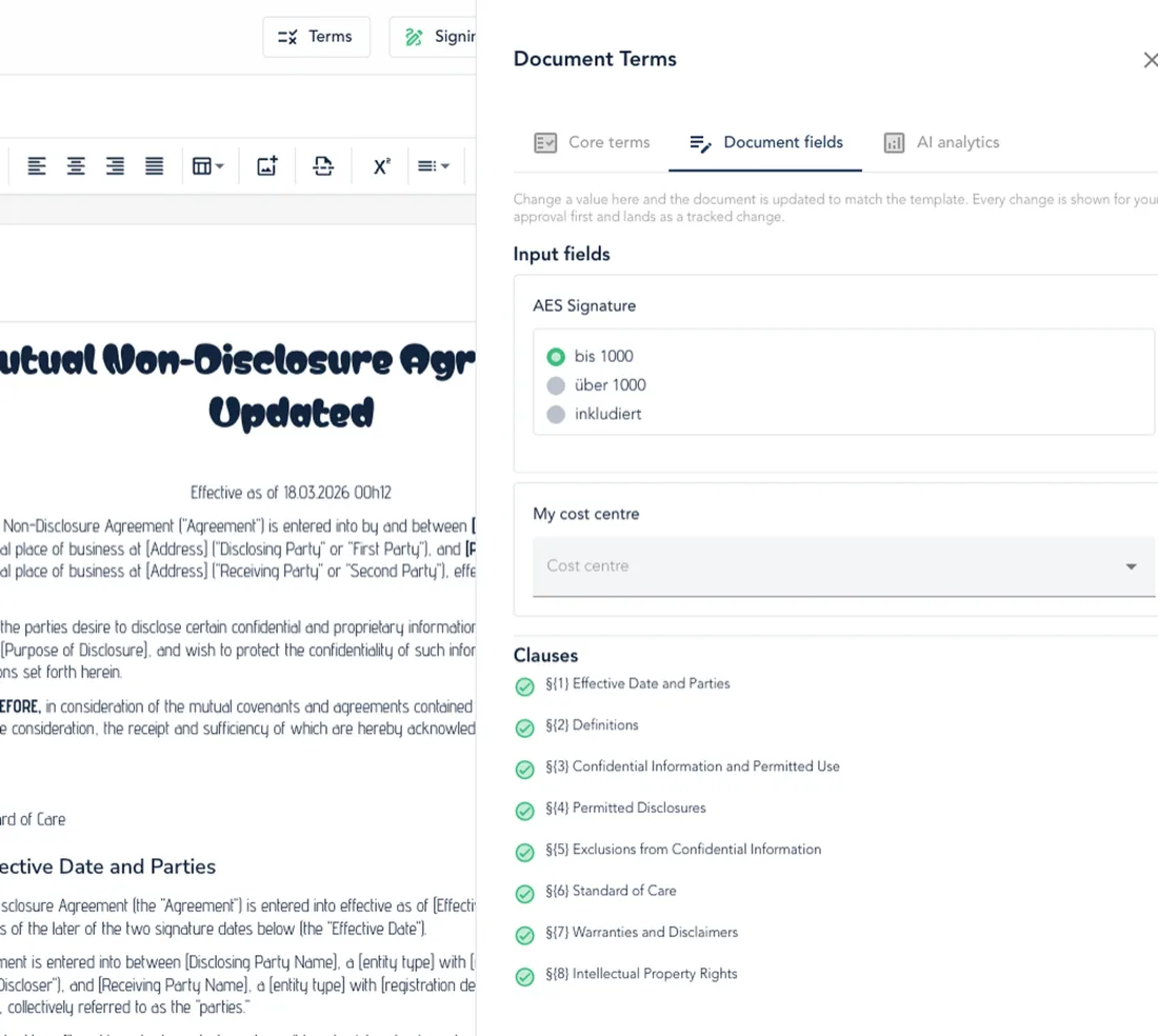 The Document fields tab with changed answers and a preview of their effect