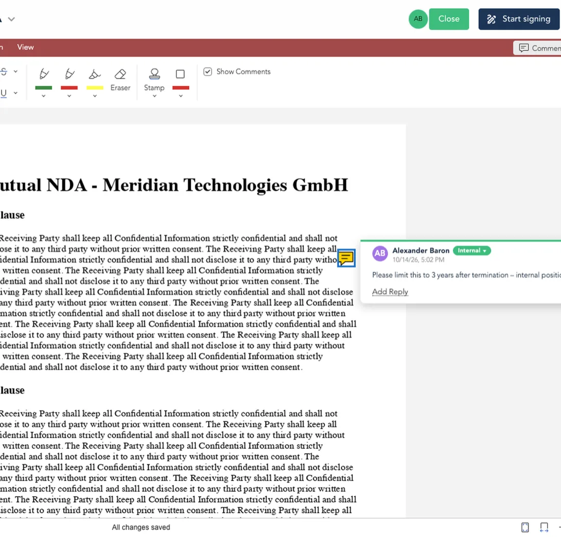 The new PDF editor in the deal room with its toolbar and an internal comment on an NDA clause