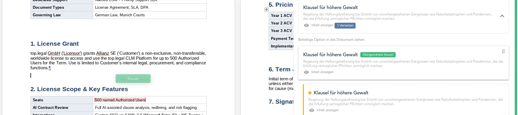 The clause library inside the contract editor: a clause being dragged from the sidebar into the highlighted position in the contract text