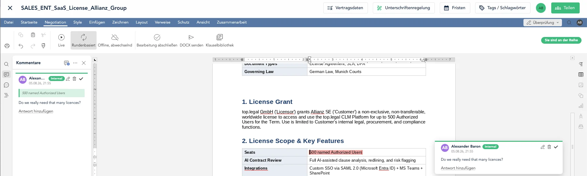 The contract editor with the comment rail open: a comment marked “Internal” on the clause about 500 licensed users, alongside the negotiation ribbon with live and round-based modes